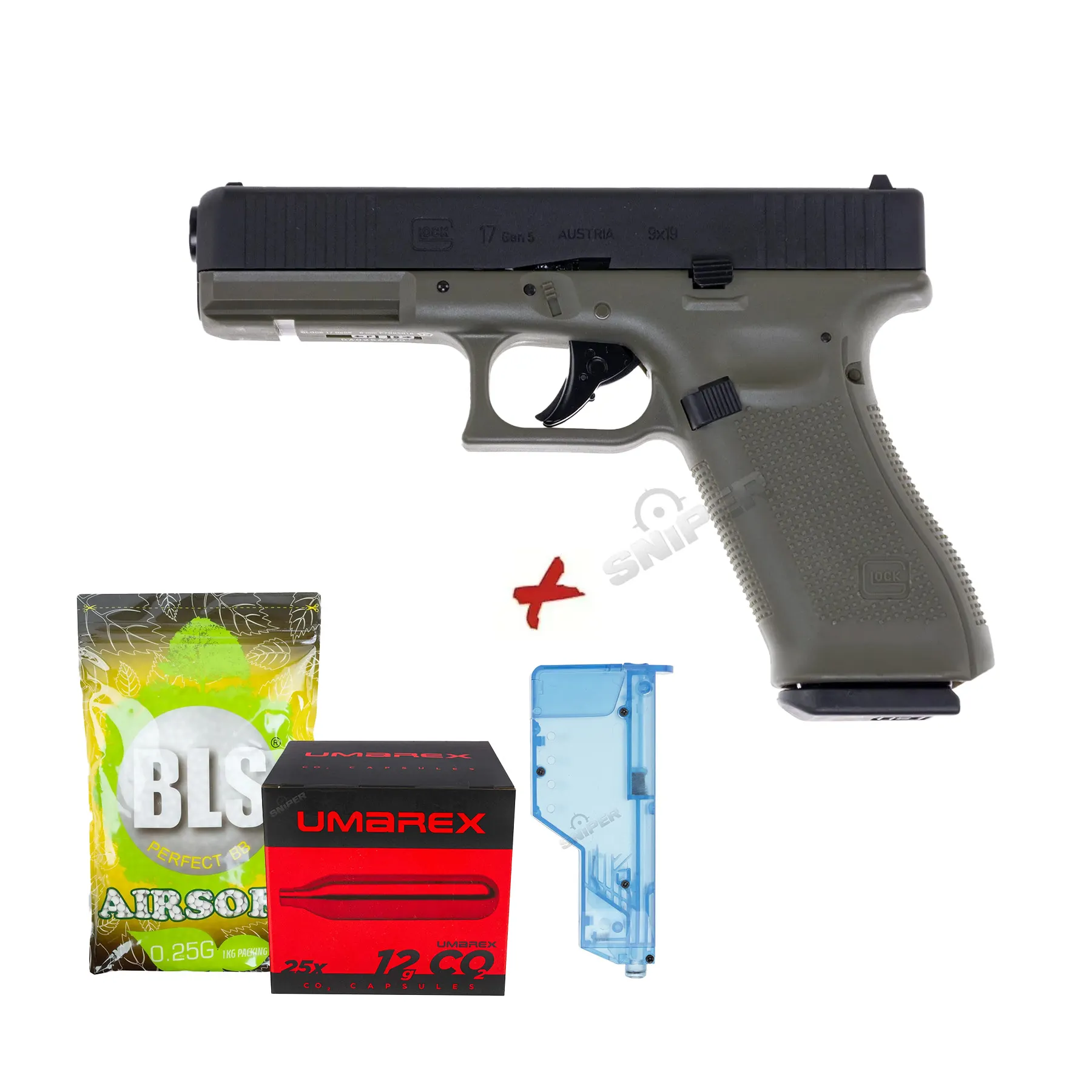 Bundle Deal #1 - Glock 17 Gen 5 GBB Softair Pistole, Black/Green
