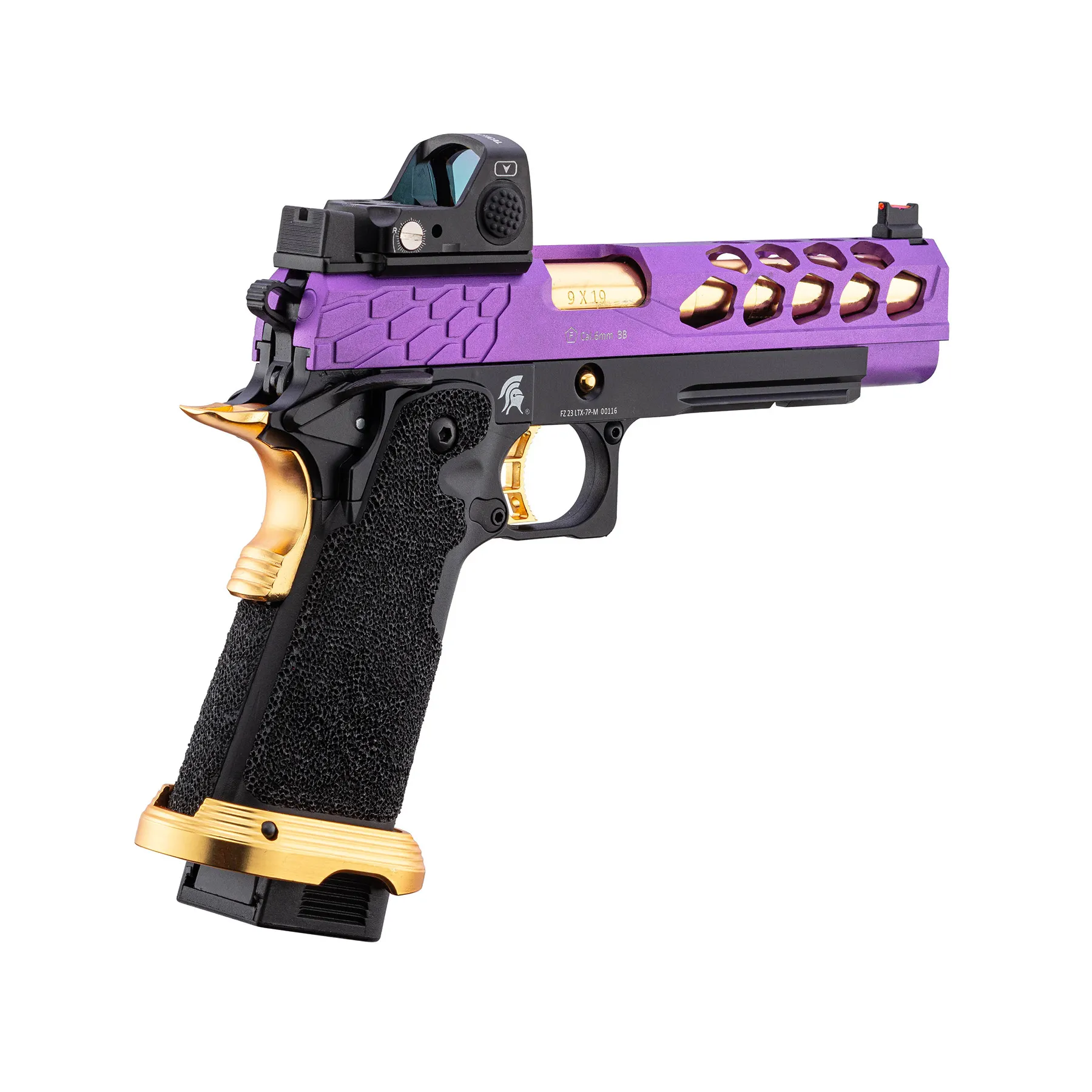 Lancer Tactical LTX-7B Stryk RMR Hi-Capa GBB Softairpistole, Purple & Gold