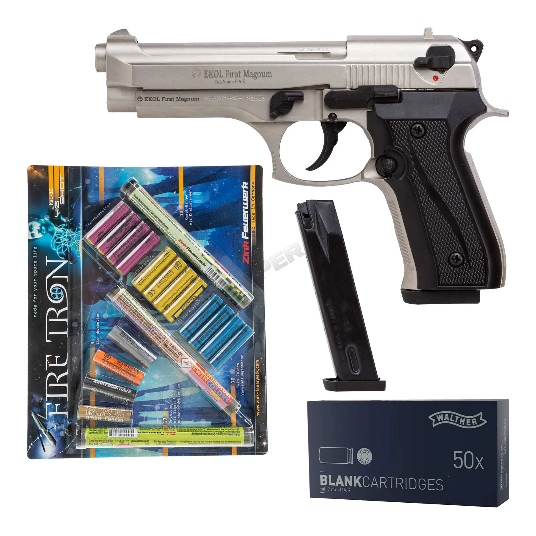 Silvester Bundle #1 EKOL Firat 9mm P.A.K. Schreckschusspistole, Nickel Silvester Bundle #1 EKOL Firat 9mm P.A.K. Schreckschusspistole, Nickel