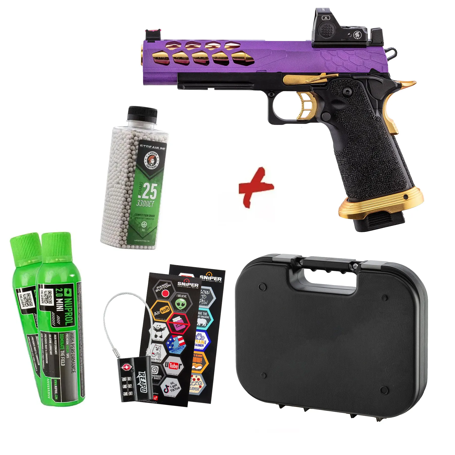 Bundle Deal - Lancer Tactical LTX-7B Stryk RMR Hi-Capa GBB Softairpistole, Purple & Gold