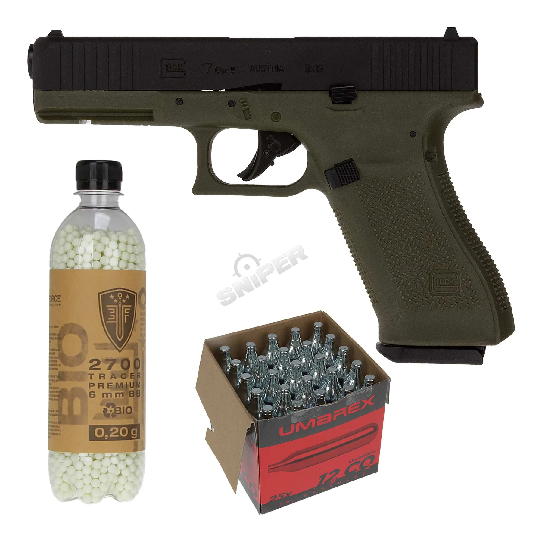 Bundle Deal - Glock 17 Gen 5 GBB Softair Pistole, Black/Green Bundle Deal - Glock 17 Gen 5 GBB Softair Pistole, Black/Green