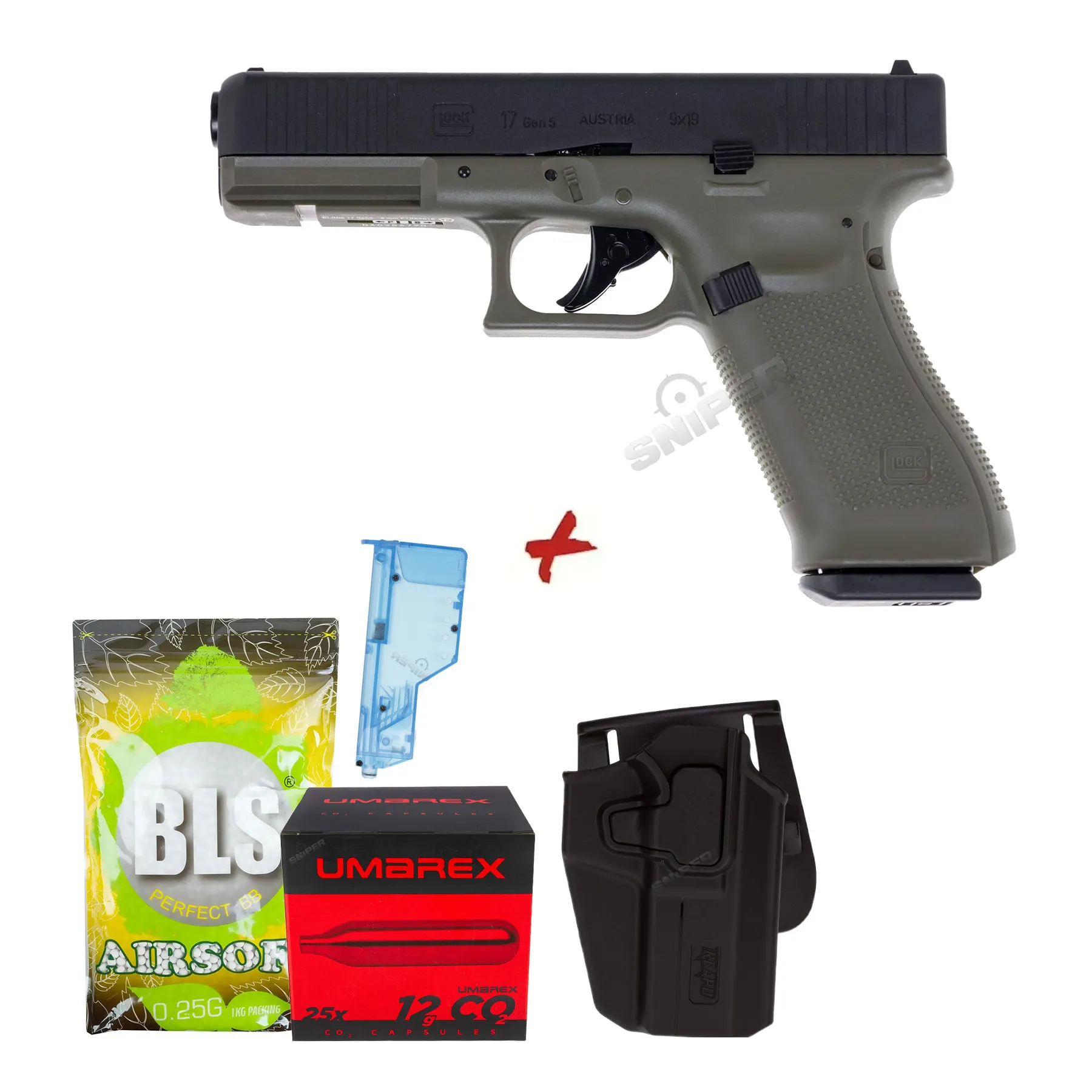 Bundle Deal #3 - Glock 17 Gen 5 GBB Softair Pistole, Black/Green