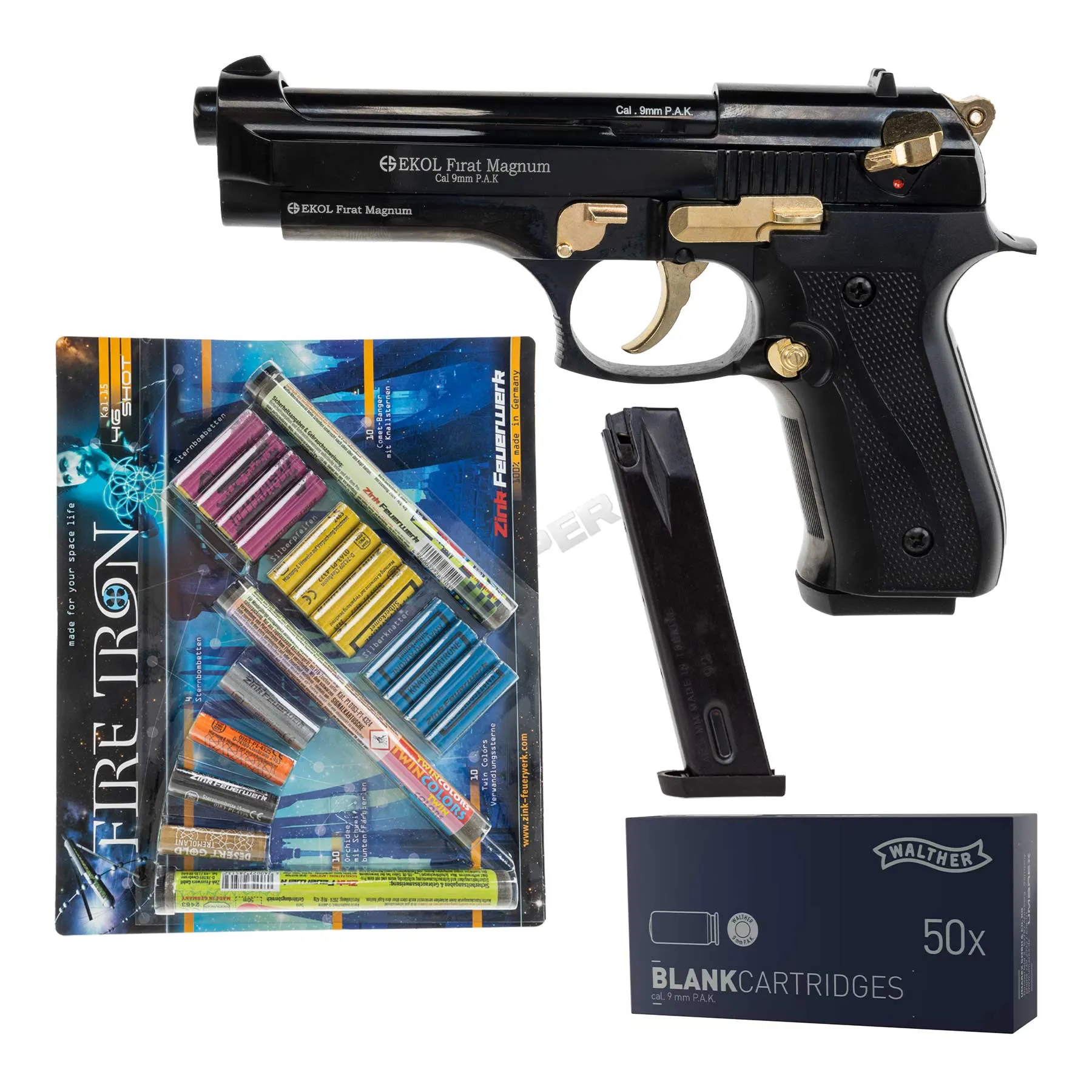Silvester Bundle #1 EKOL Firat 9mm P.A.K. Schreckschusspistole, Black/Gold Silvester Bundle #1 EKOL Firat 9mm P.A.K. Schreckschusspistole, Black/Gold
