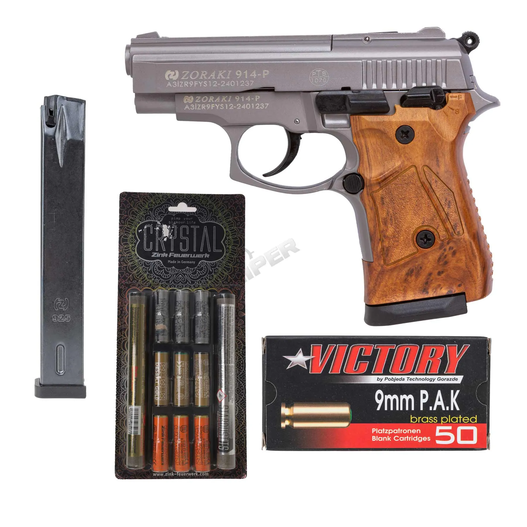 Silvester Bundle #1 Zoraki 914 9mm P.A.K. Schreckschusspistole, Titan w/ Holzgriff Optik