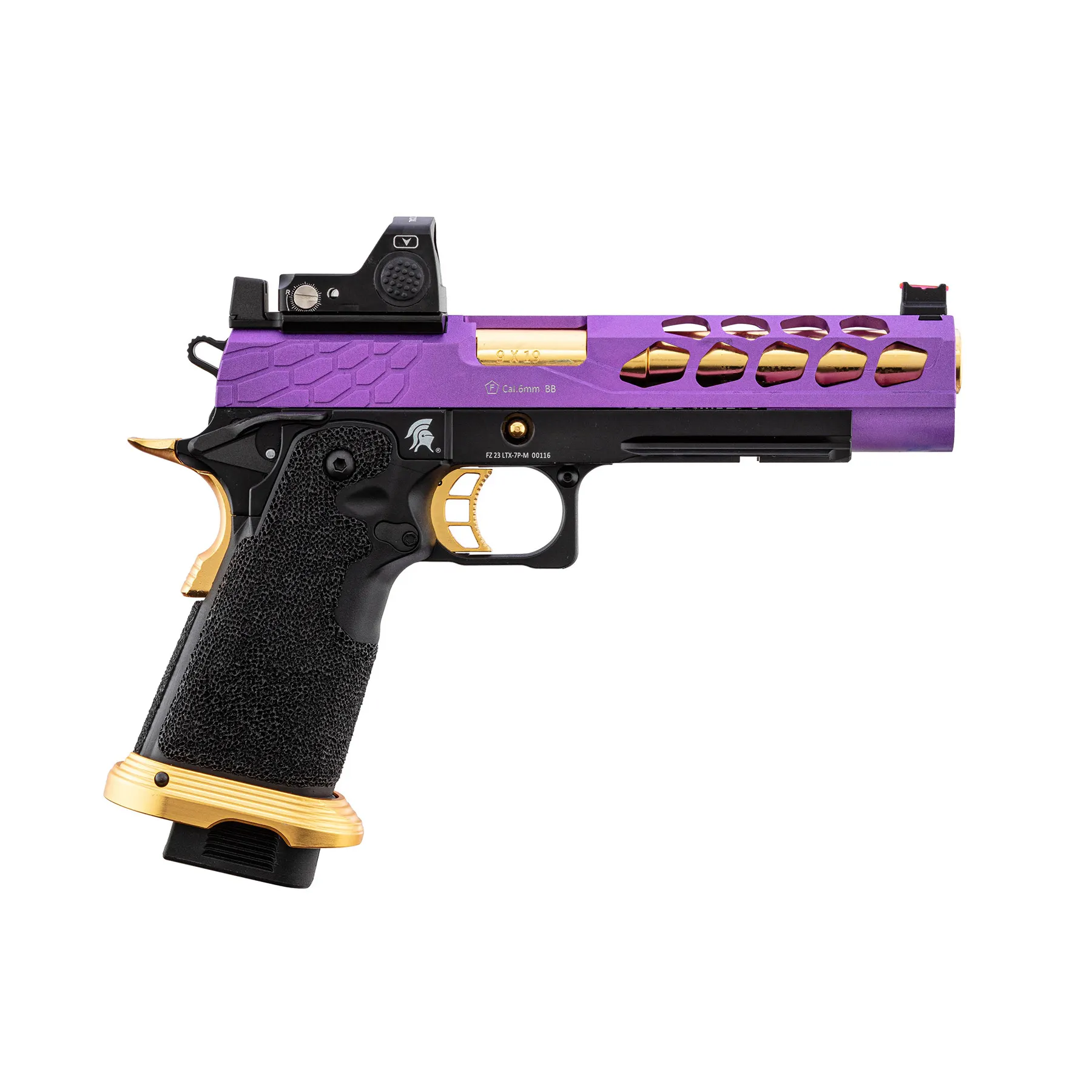 Lancer Tactical LTX-7B Stryk RMR Hi-Capa GBB Softairpistole, Purple & Gold