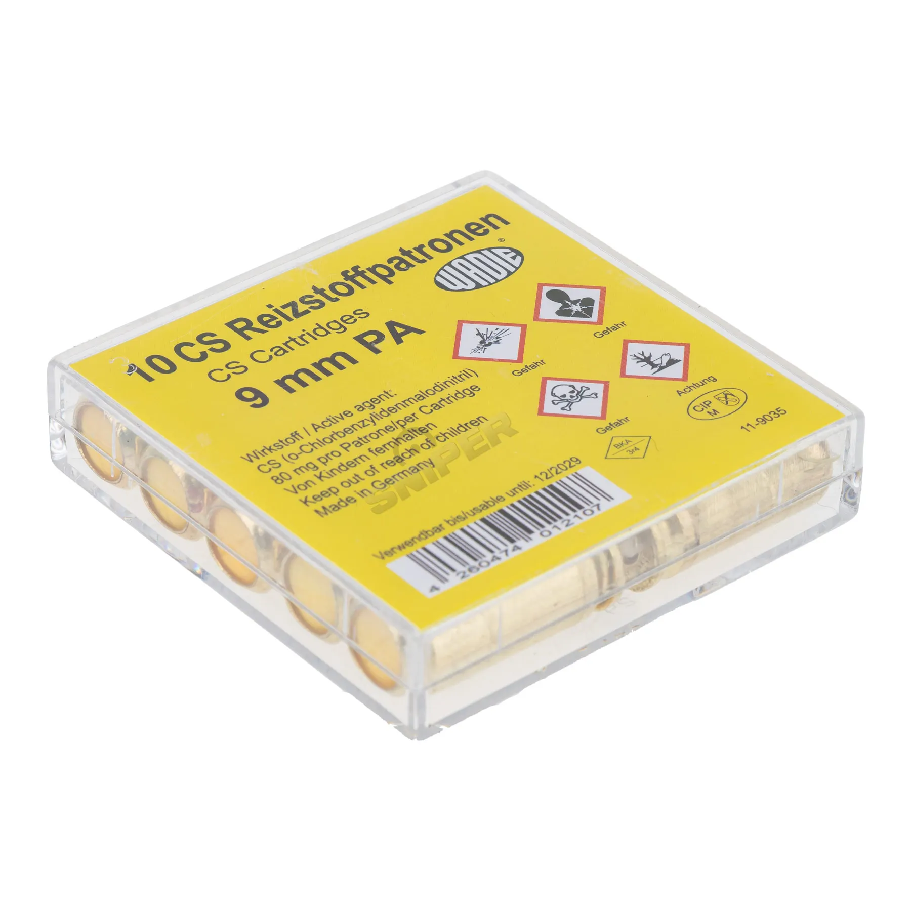Wadie CS 9mm Gaspatronen für Pistolen, 10 Stück Wadie CS 9mm Gaspatronen für Pistolen, 10 Stück