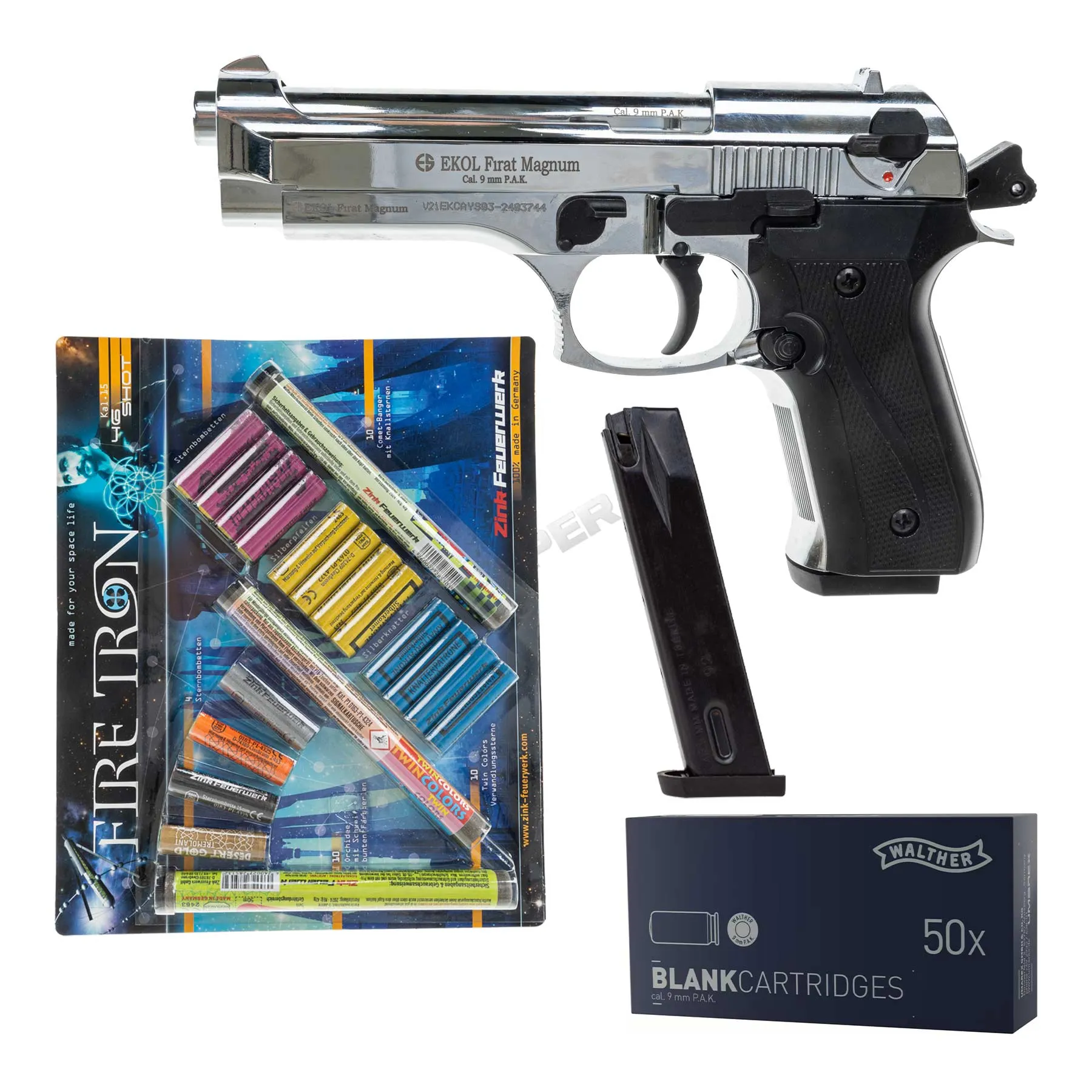 Silvester Bundle #1 EKOL Firat 9mm P.A.K. Schreckschusspistole, Chrome Silvester Bundle #1 EKOL Firat 9mm P.A.K. Schreckschusspistole, Chrome