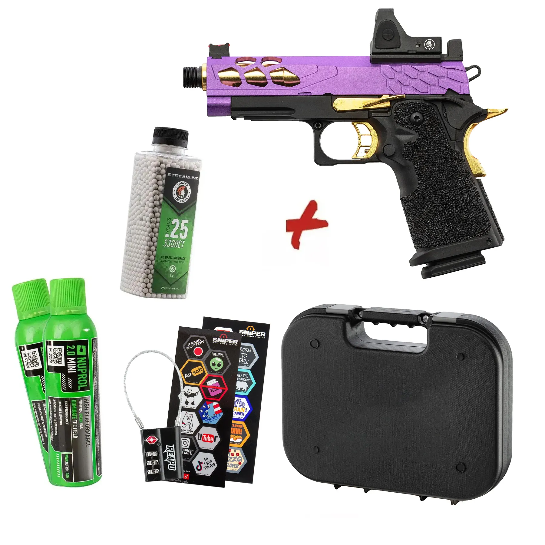 Bundle Deal - Lancer Tactical LTX-7B Stryk RMR Hi-Capa GBB Softairpistole, Purple