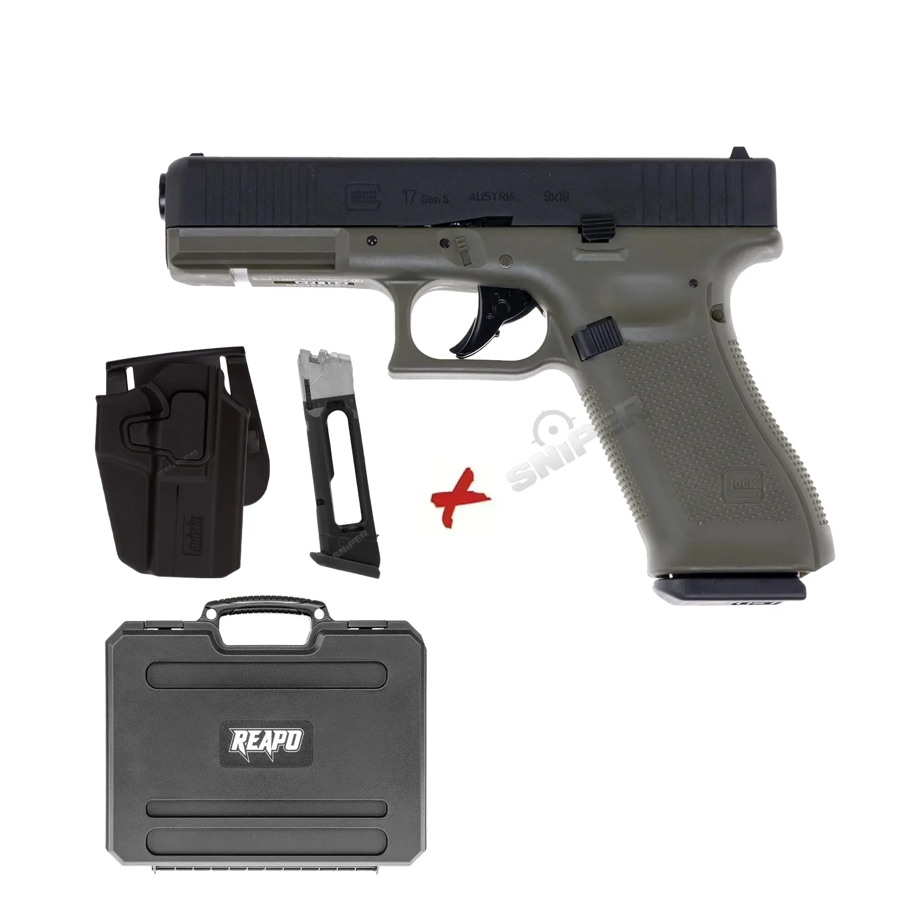 Bundle Deal #2 - Glock 17 Gen 5 GBB Softair Pistole, Black/Green