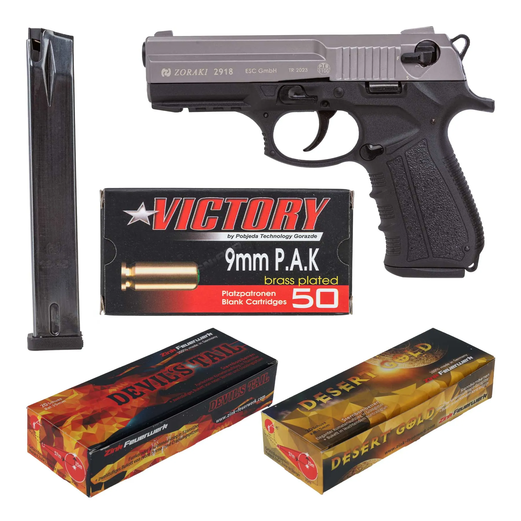 Silvester Bundle #2 Zoraki 2-918 9mm P.A.K. Schreckschusspistole, Titan