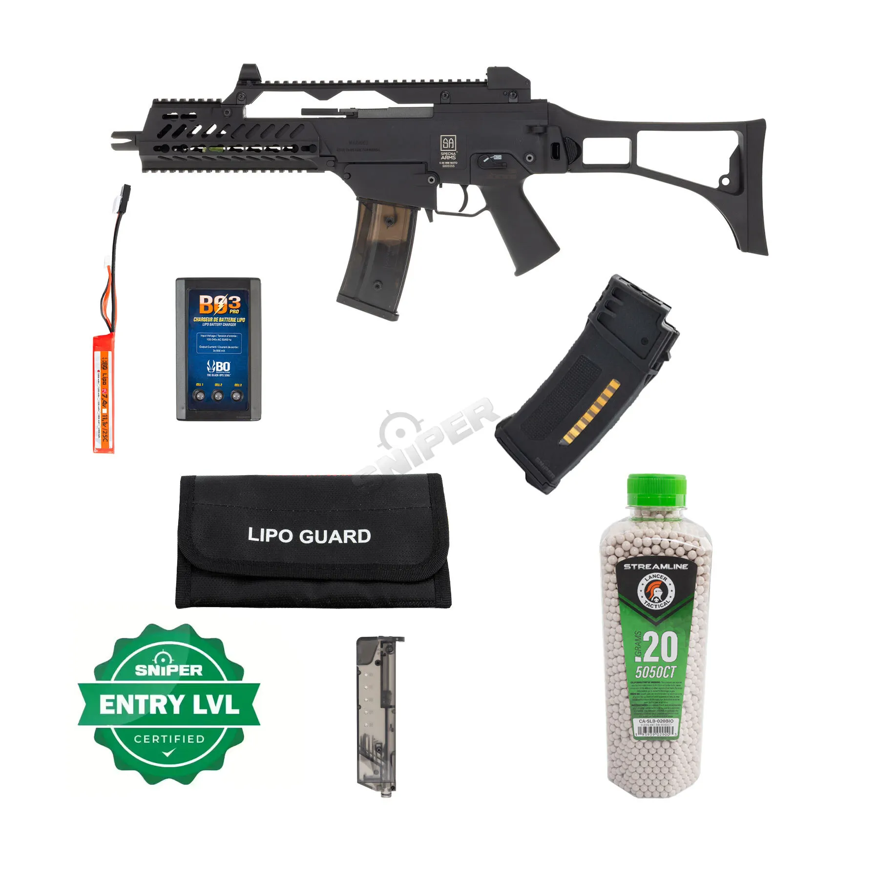 Einsteiger Set #1 - Specna Arms SA-G11 EBB Keymod Carbine < 0,5 Joule Softair Gewehr, Black Einsteiger Set #1 - Specna Arms SA-G11 EBB Keymod Carbine < 0,5 Joule Softair Gewehr, Black