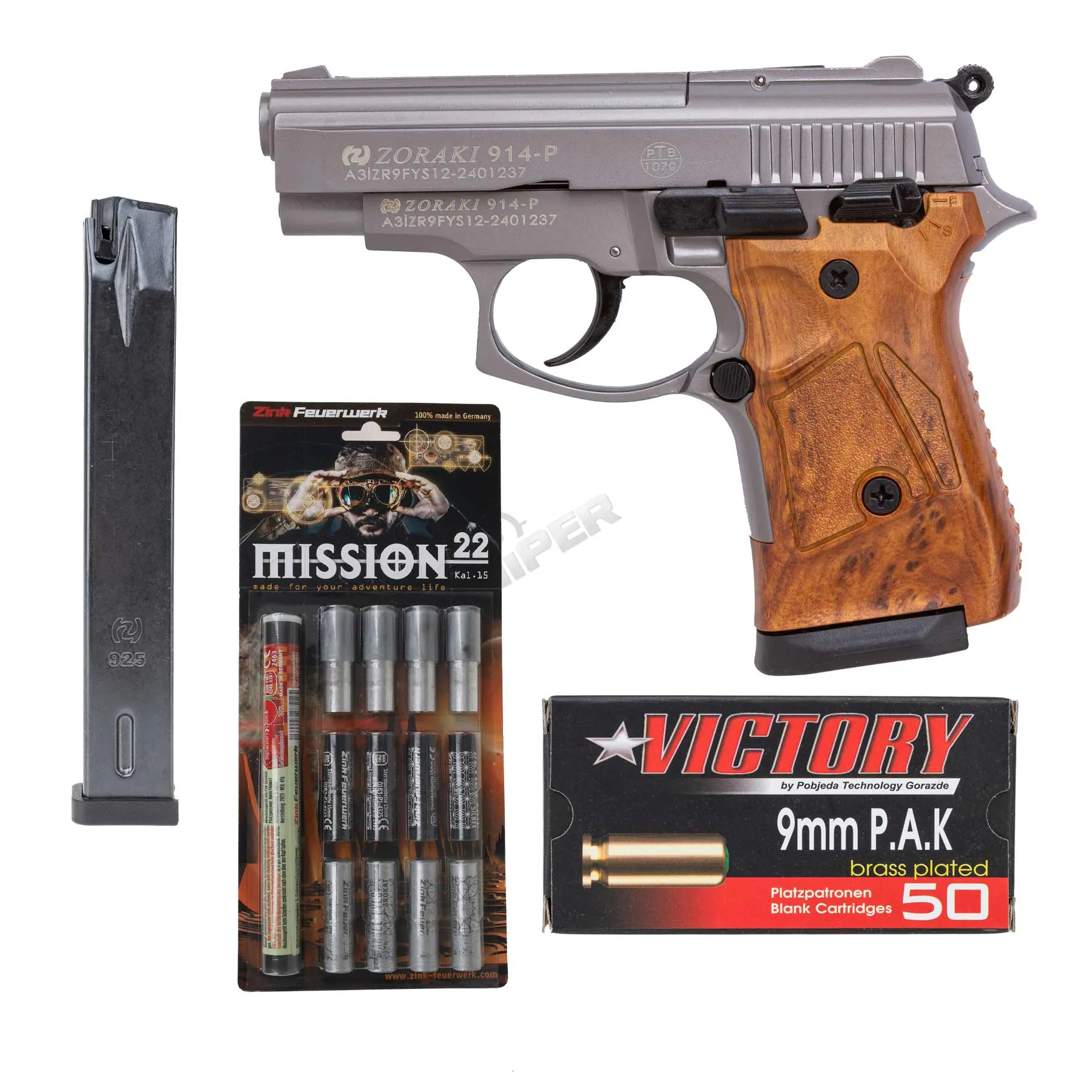 Silvester Bundle #2 Zoraki 914 9mm P.A.K. Schreckschusspistole, Titan w/ Holzgriff Optik